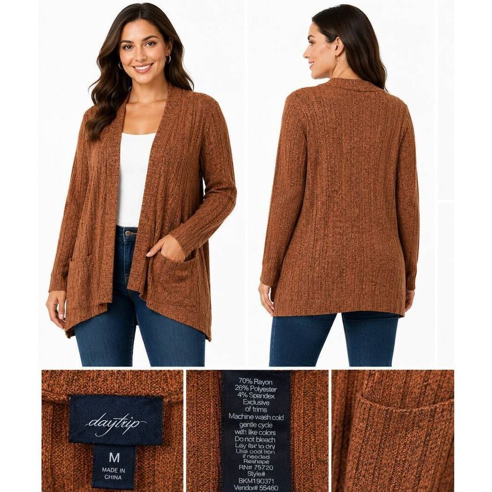 Daytrip Brown Ribbed Open Front Cardigan Sweater M